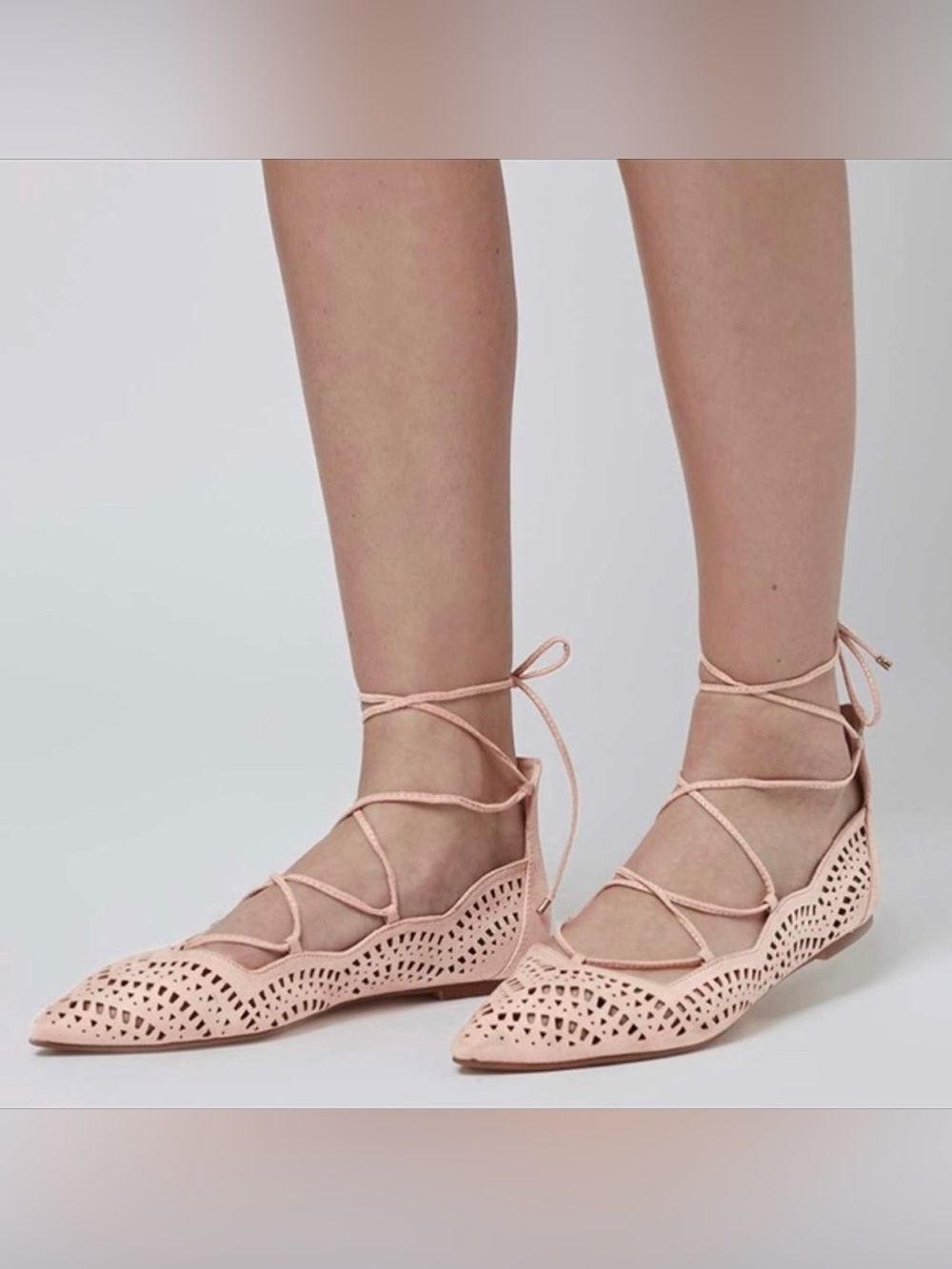Topshop "N Fase" Laser Cut Ghillie Lace Up Pointed Toe Ballet Flats Blush 8.5